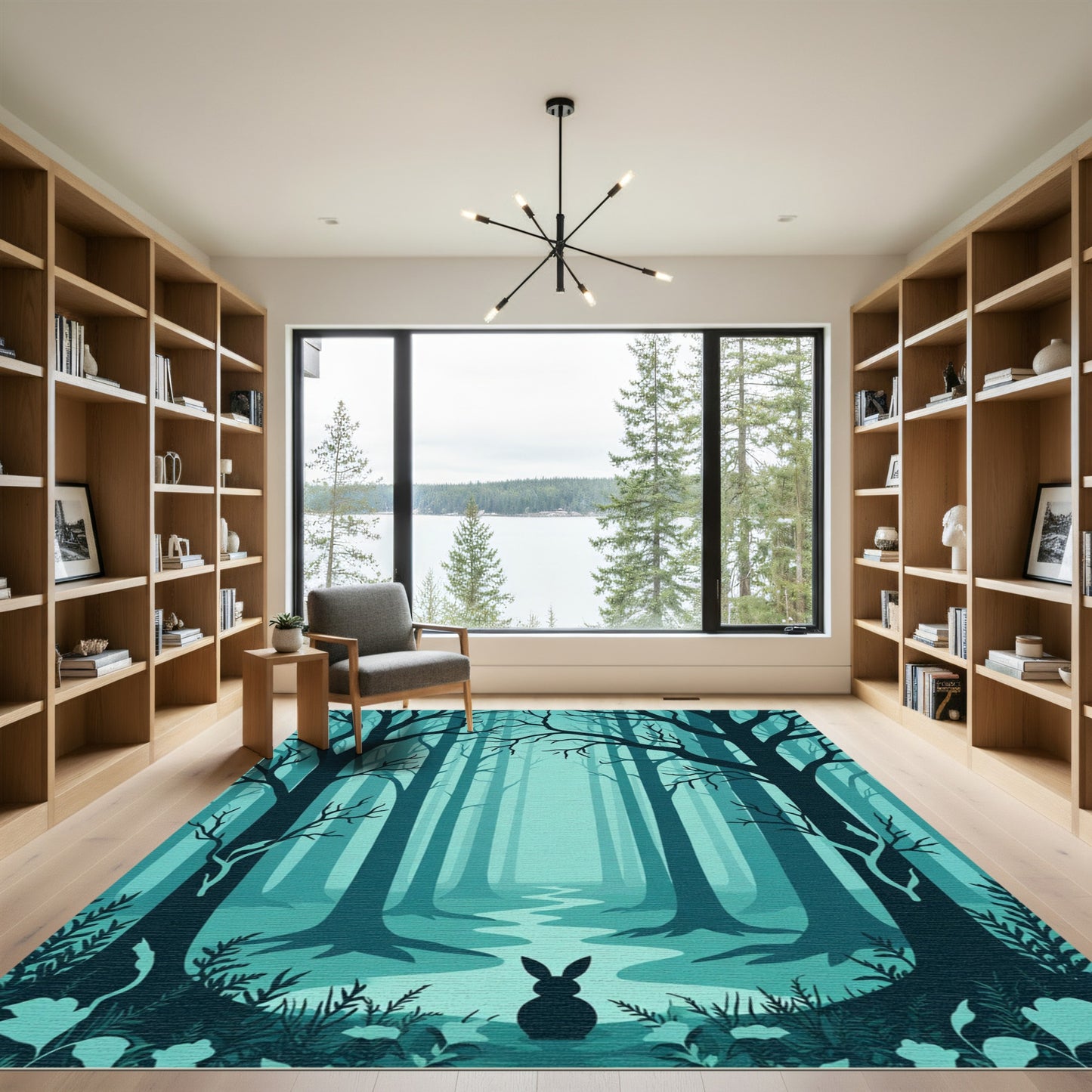 Misty Teal Forest Path Rabbit Rug