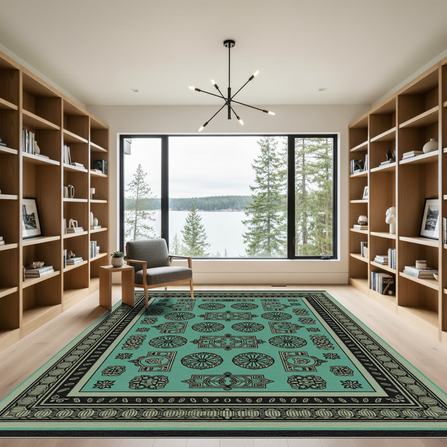 Aqua Black Repeating Medallion Arrangement Rug