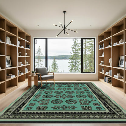 Aqua Black Repeating Medallion Arrangement Rug
