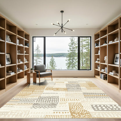Earthy Neutral Patchwork Geometric Rug
