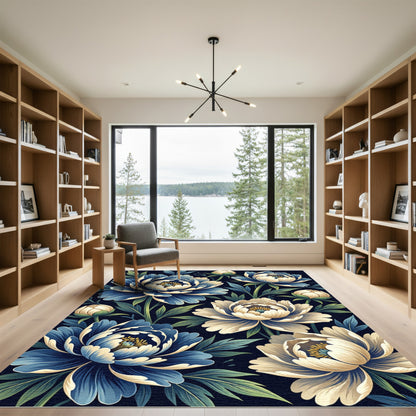 Luxurious Navy Blue Peony Floral Tapestry Rug