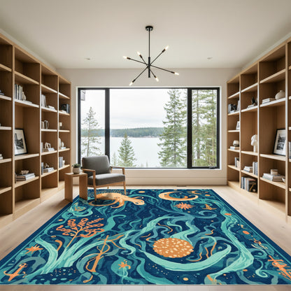 Deep Teal Ocean Life Octopus Moon Rug