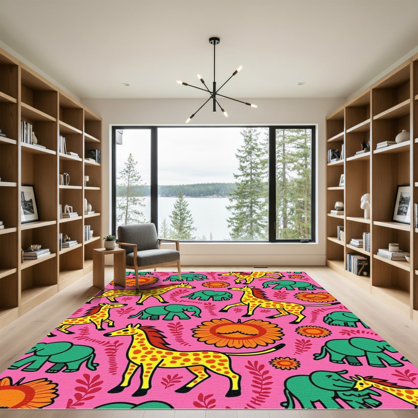 Bright Pink Giraffe Elephant Floral Meadow Rug
