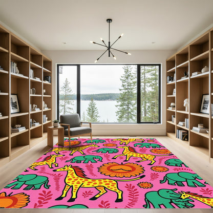 Bright Pink Giraffe Elephant Floral Meadow Rug