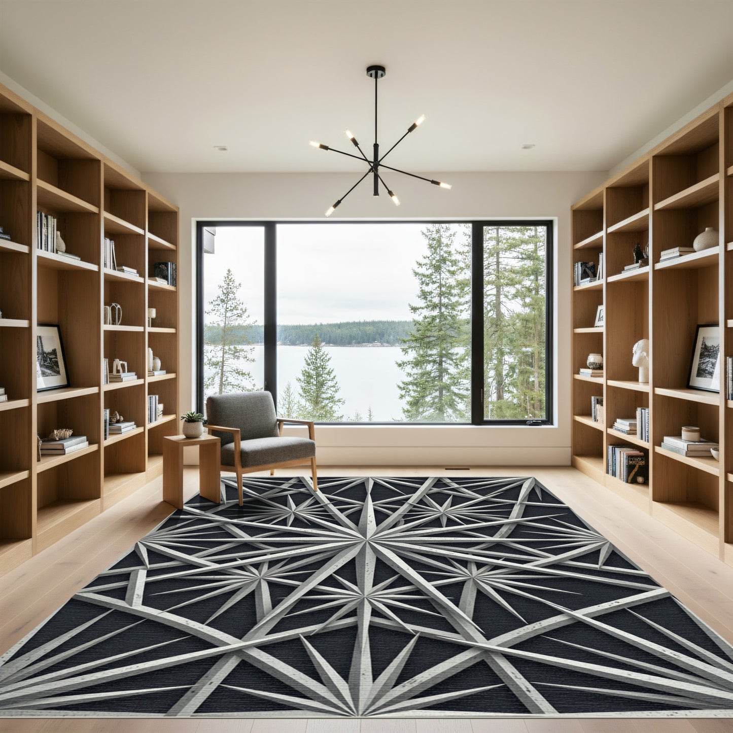 Monochromatic Geometric Starburst Angular Art Rug