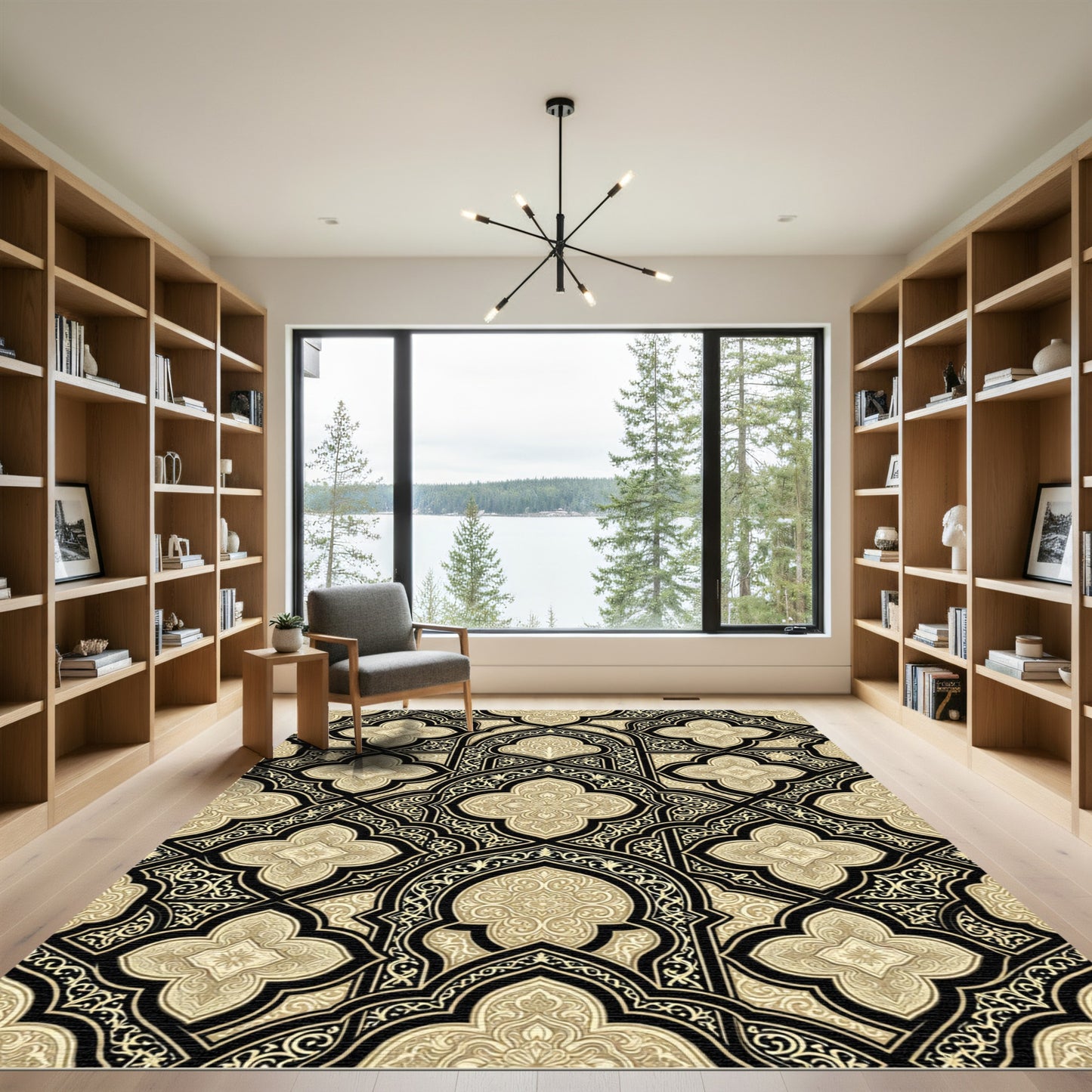 Ornate Black and Gold Damask Arabesque Rug