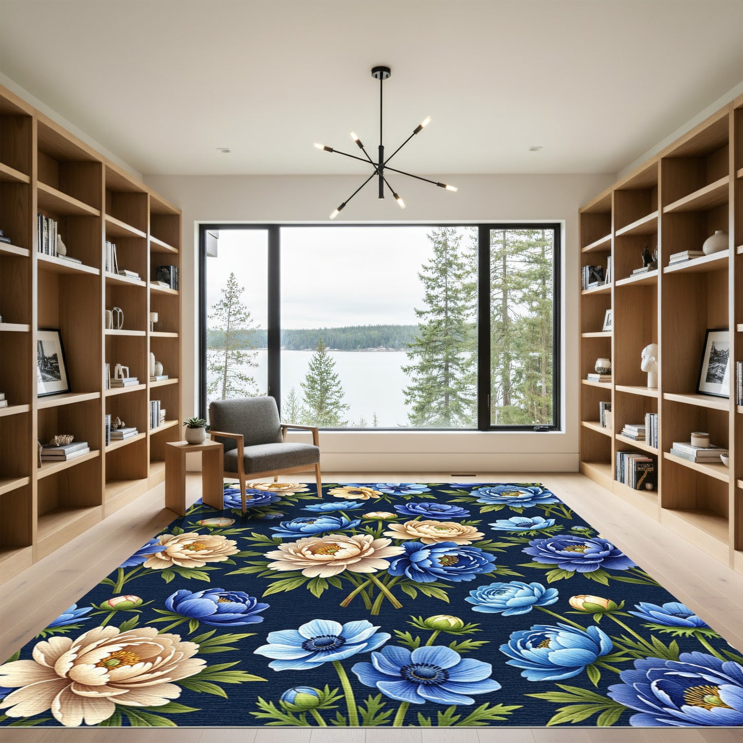 Bold Blue Cream Peony Garden Rug