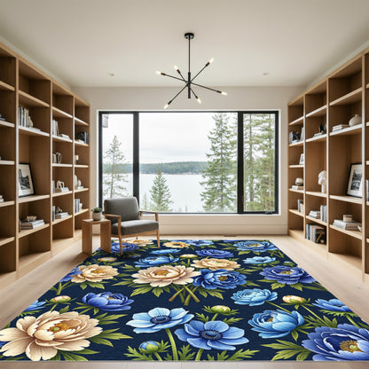Bold Blue Cream Peony Garden Rug