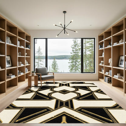 Art Deco Black Cream Geometric Lattice Rug