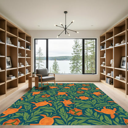 Orange Turtles Green Foliage Background Rug