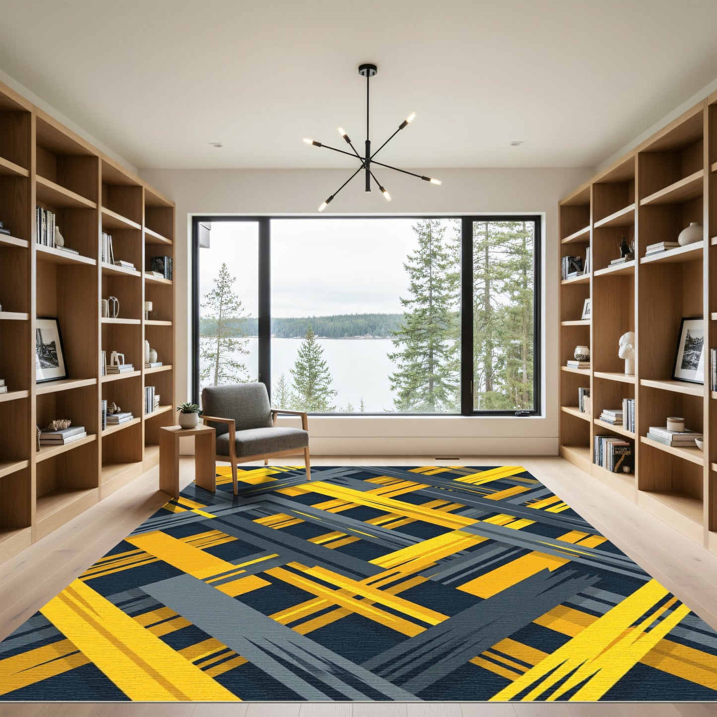 Dynamic Yellow and Gray Geometric Weave Rug