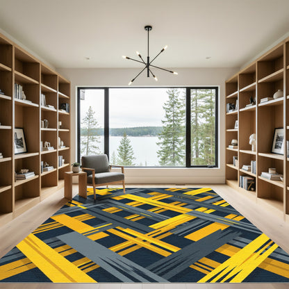Dynamic Yellow and Gray Geometric Weave Rug