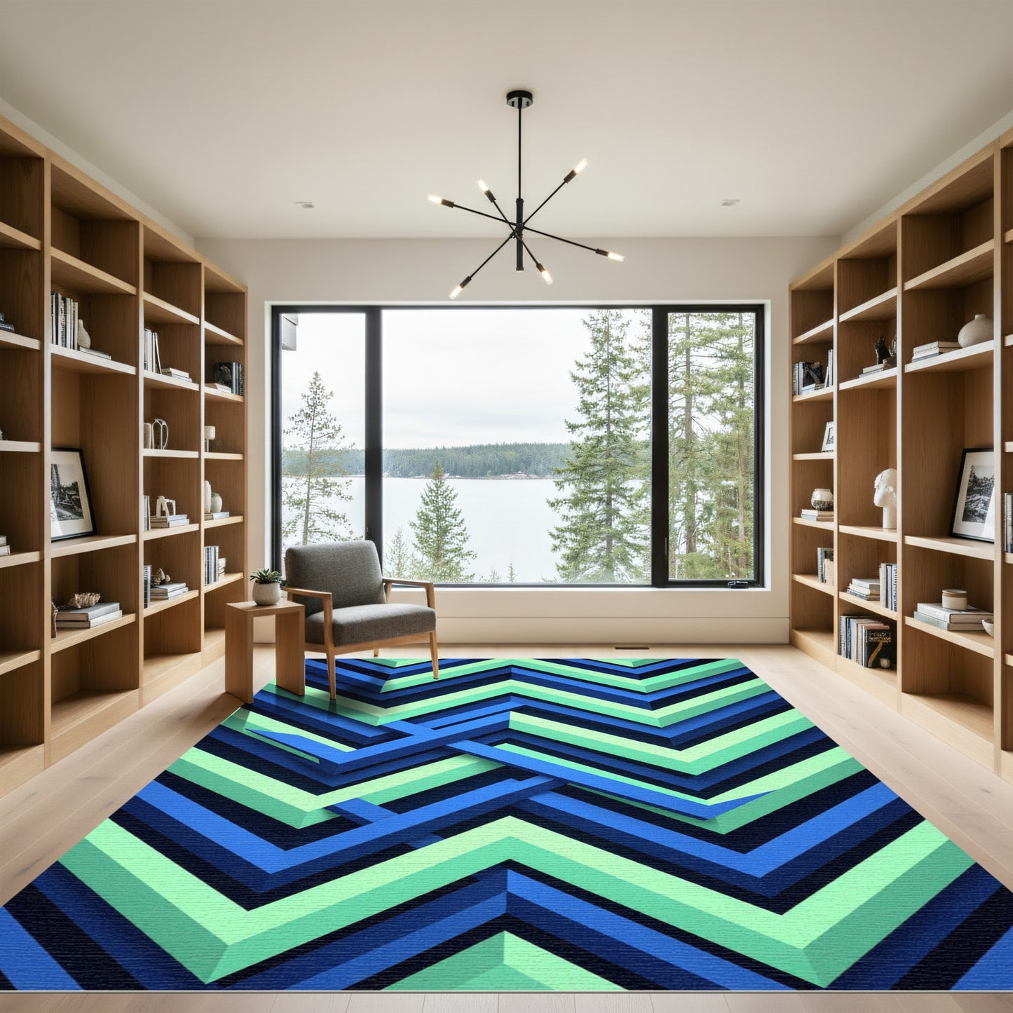 Geometric Blue and Mint Chevron Art Rug