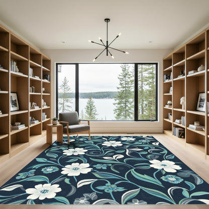 Midnight Blue Floral Vine Garden Rug