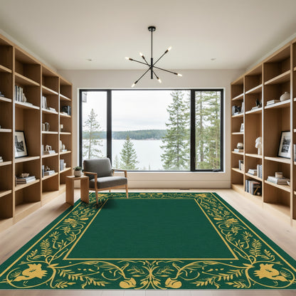 Gold Floral Border Deep Emerald Rectangle Rug