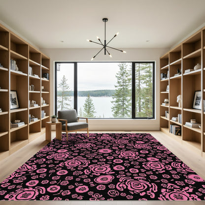 Whimsical Pink Floral Black Rug