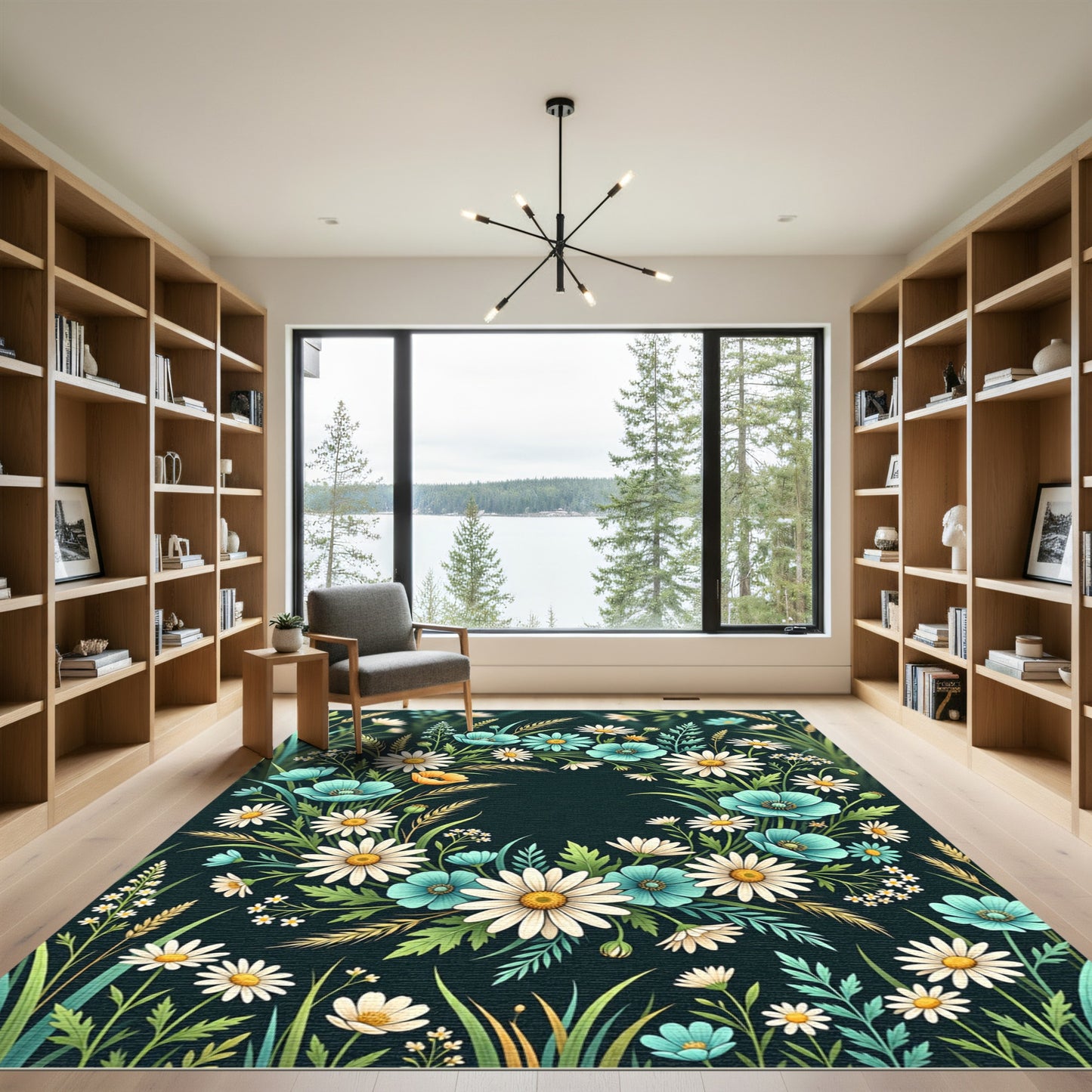 Aqua White Daisy Meadow Wreath Rug