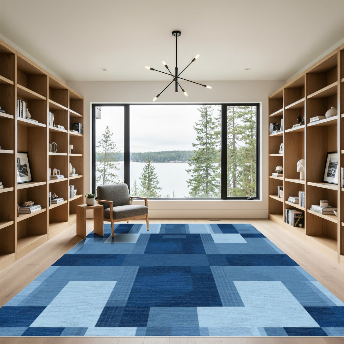 Deep Blue Rectangular Geometric Overlay Rug