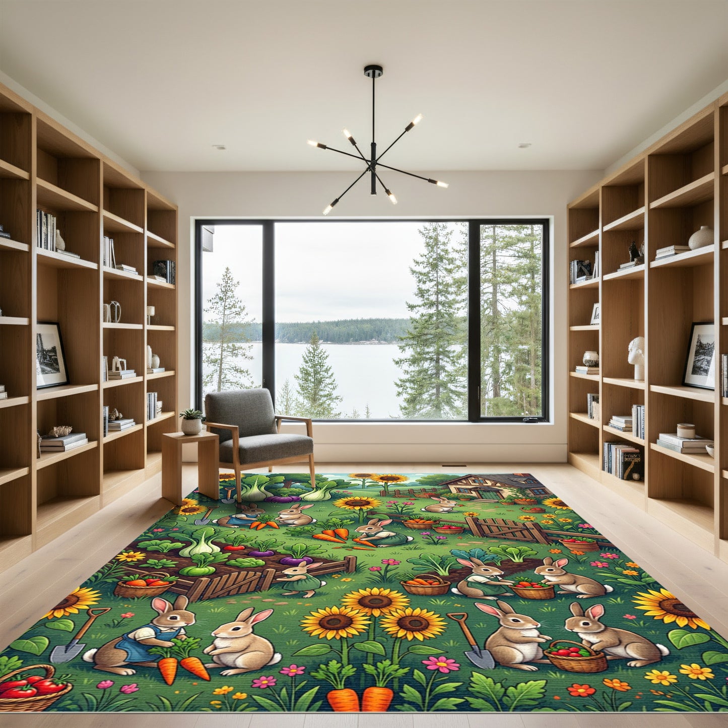 Whimsical Garden Rabbits with Sunflowers Rug