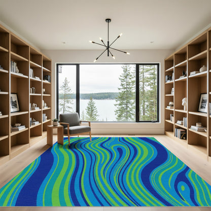 Vivid Blue Green Wavy Stripes Rug