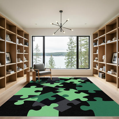 Abstract Green Interlocking Puzzle Geometric Rug