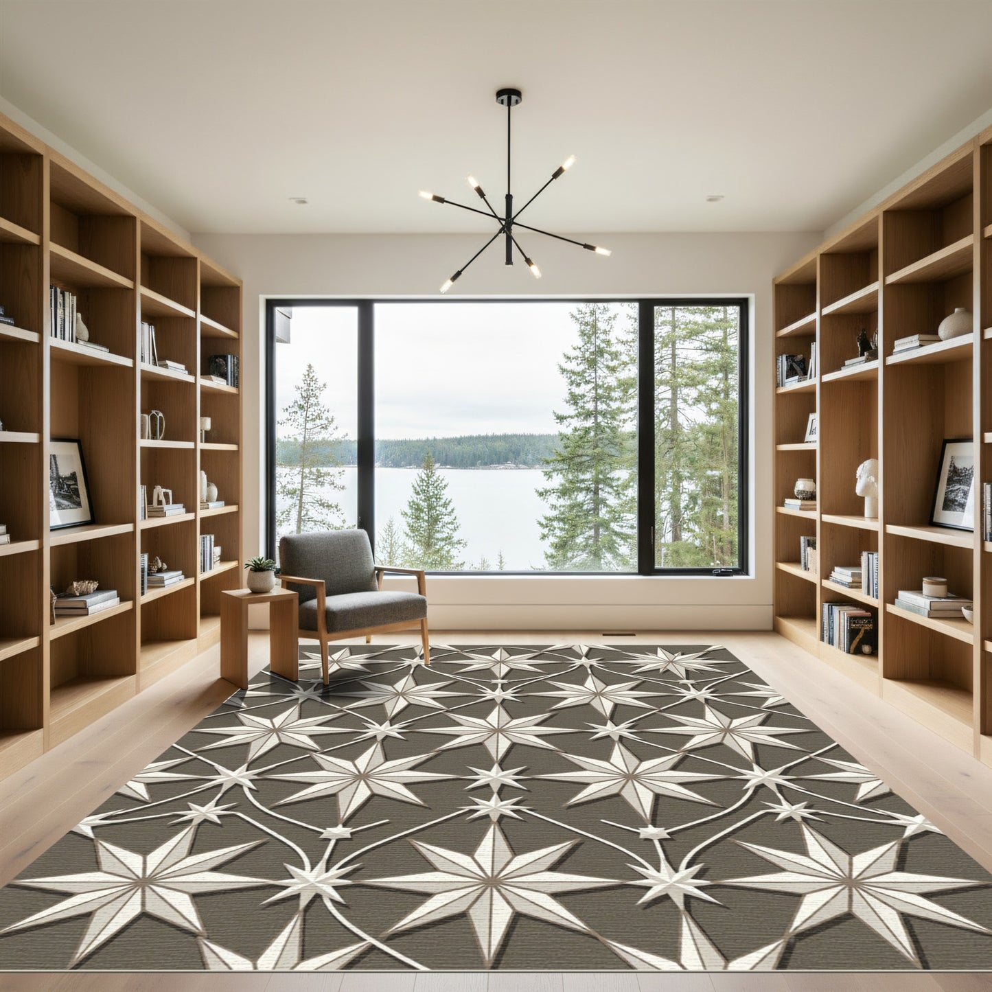 Elegant Taupe Star Geometric Lattice Rug