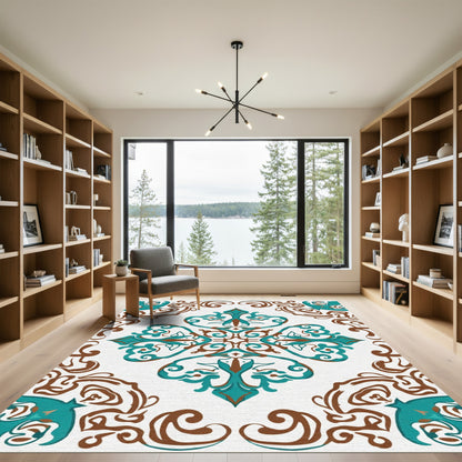 Teal Brown Rococo Scroll Medallion Rug