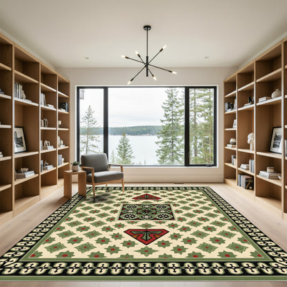 Cream Geometric Green Red Medallion Rug