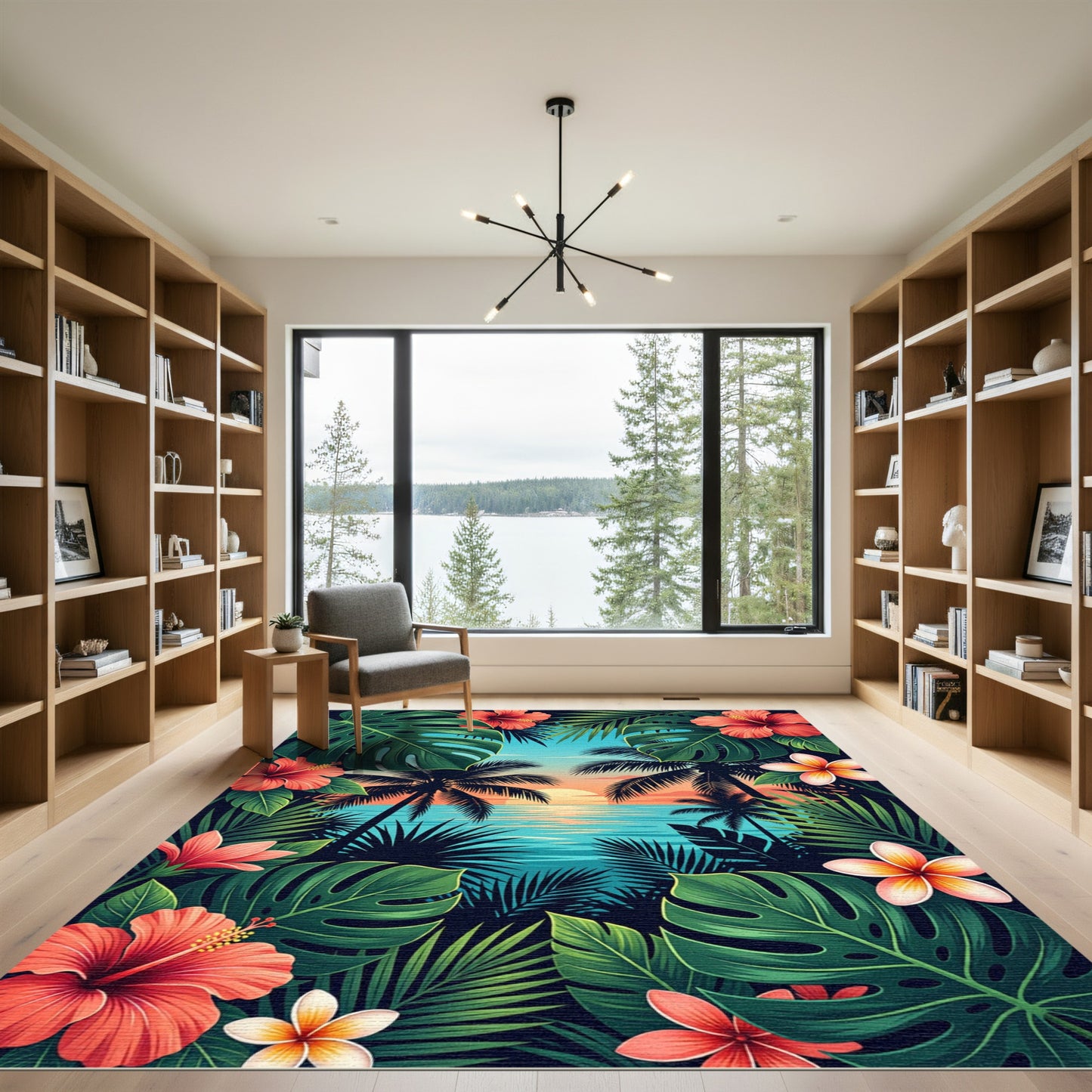 Tropical Sunset Hibiscus and Palm Foliage Rug