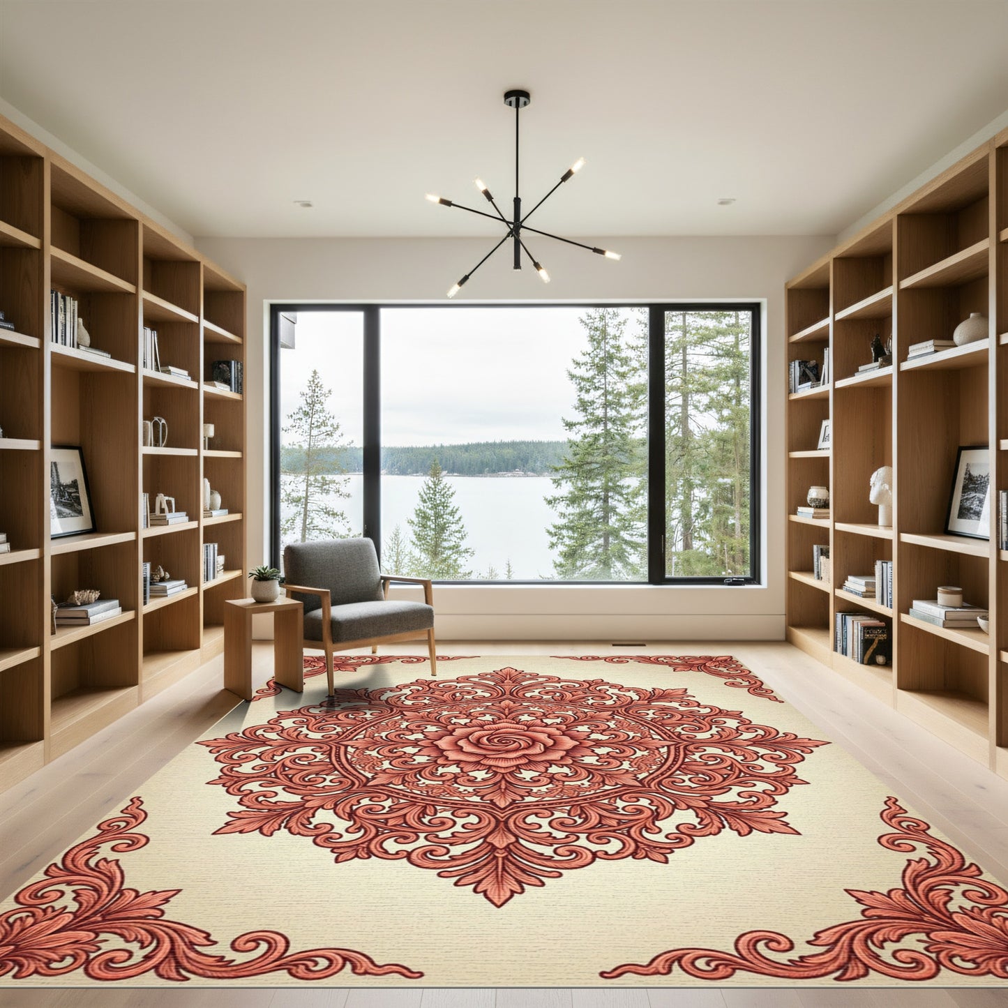Coral Floral Medallion Scrollwork Rug