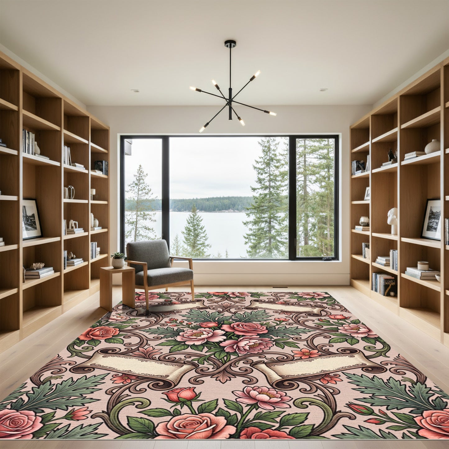 Ornate Rose Scrollwork Floral Arrangement Rug