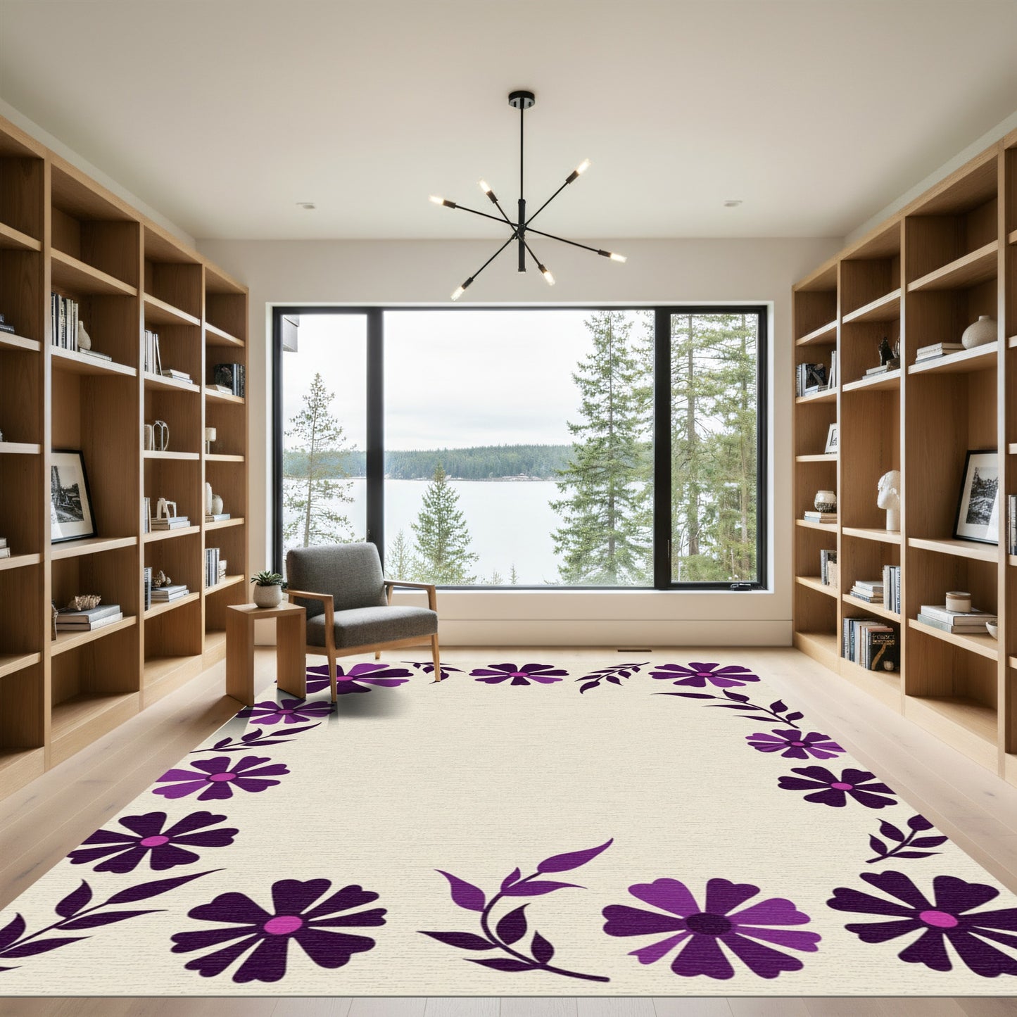 Purple Floral Leaf Border Rug