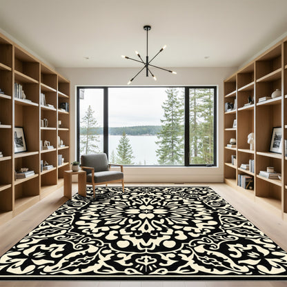 Black Ivory Ornate Floral Medallion Rug