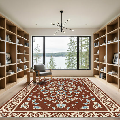 Rich Brown Floral Scroll Medallion Rug