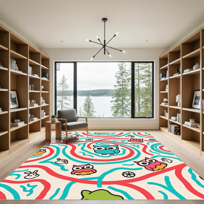 Whimsical Owl and Bunny Swirls Rug
