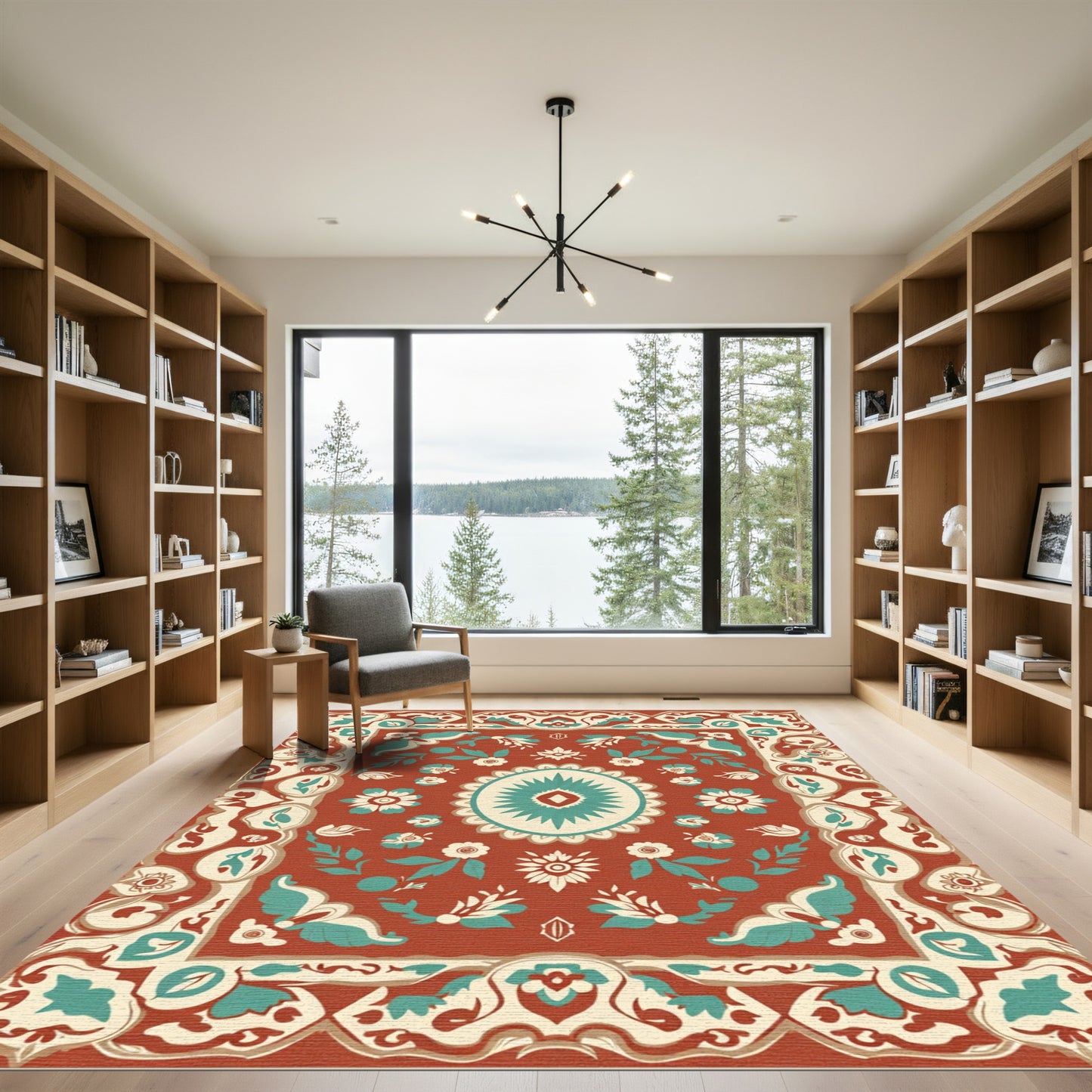 Terracotta Teal Floral Medallion Border Rug