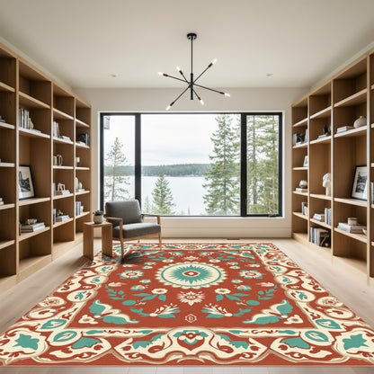 Terracotta Teal Floral Medallion Border Rug