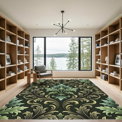 Ornate Green Rococo Fleur-de-lis Rug