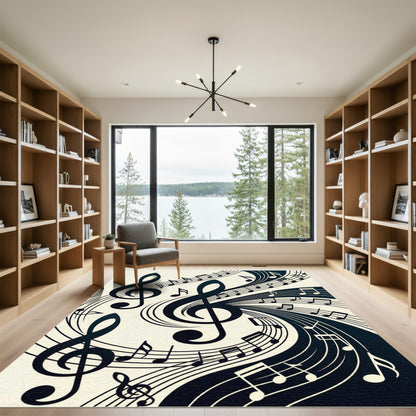Elegant Black and White Musical Swirls Rug