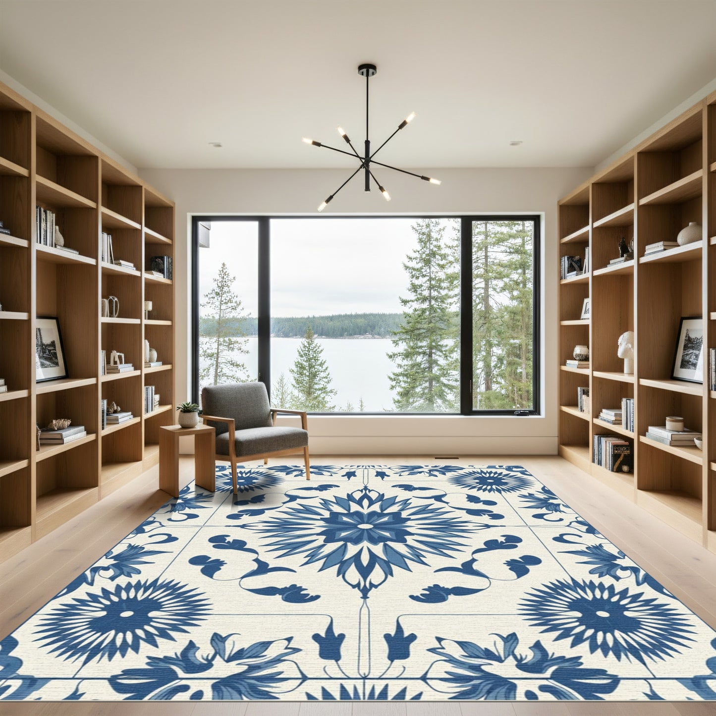 Blue White Floral Medallion Repeating Pattern Rug