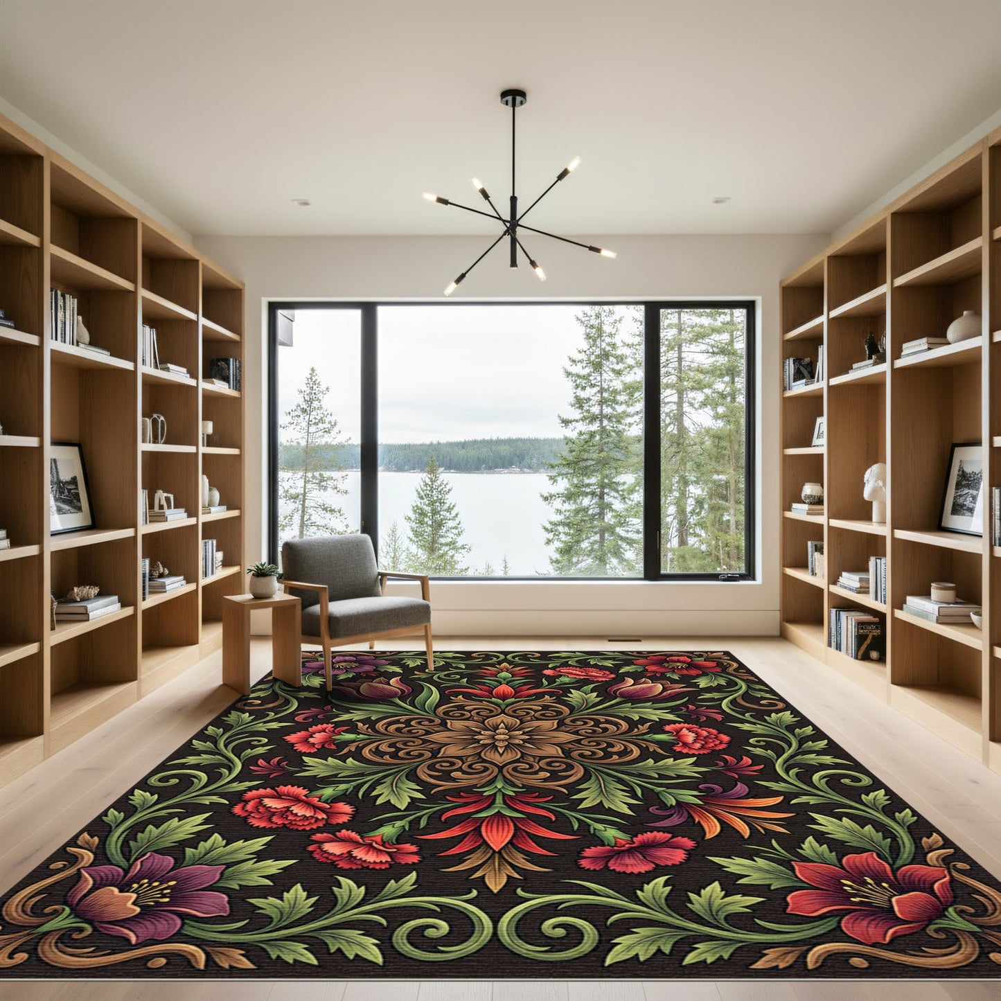 Dark Floral Medallion with Vivid Blossoms Rug