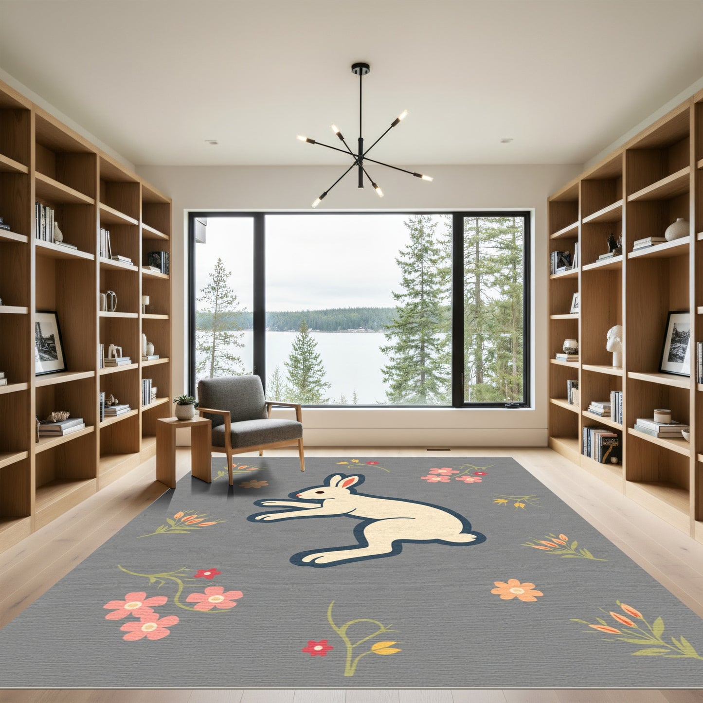 Light Cream Rabbit Floral Garden Rug