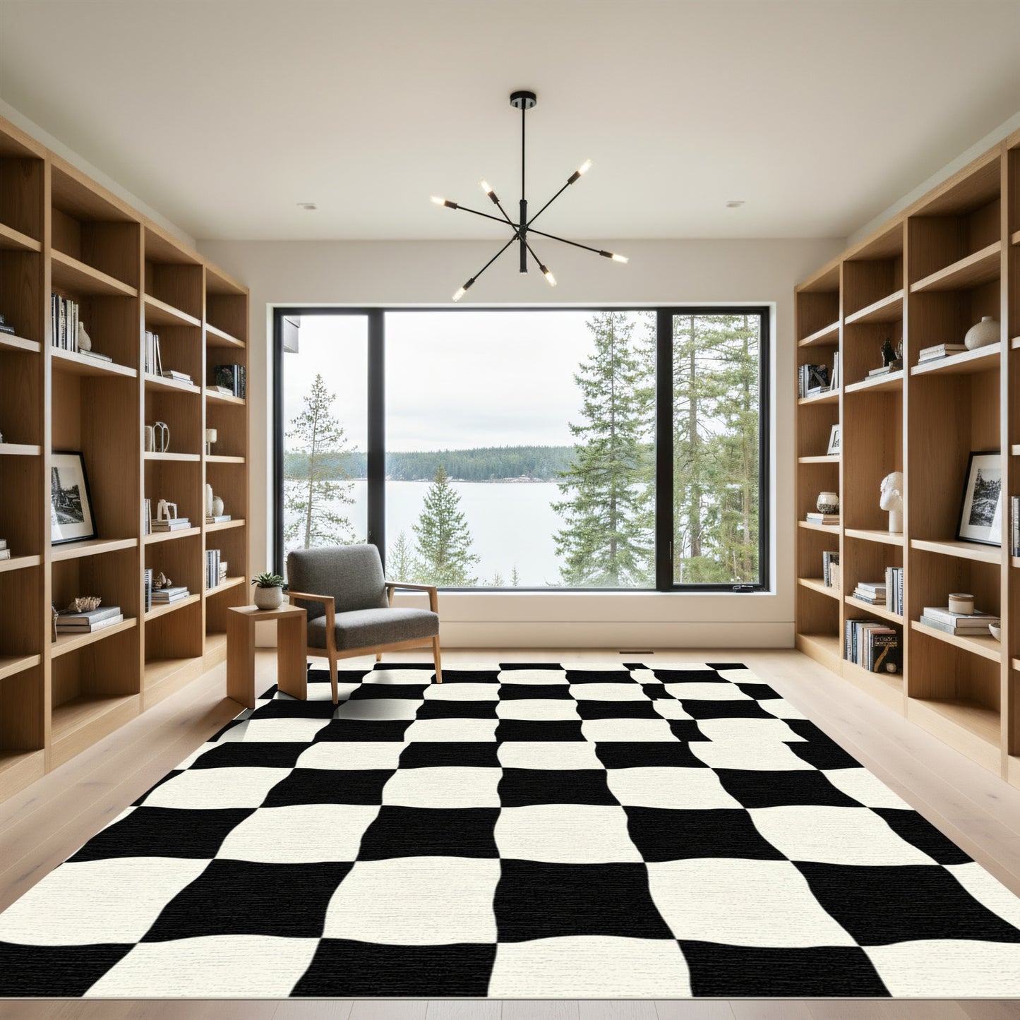 Wavy Black White Checkered Squares Rug