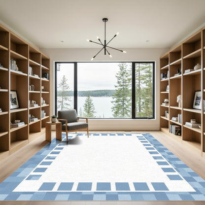 Soft Blue Pixelated Geometric Border Rug