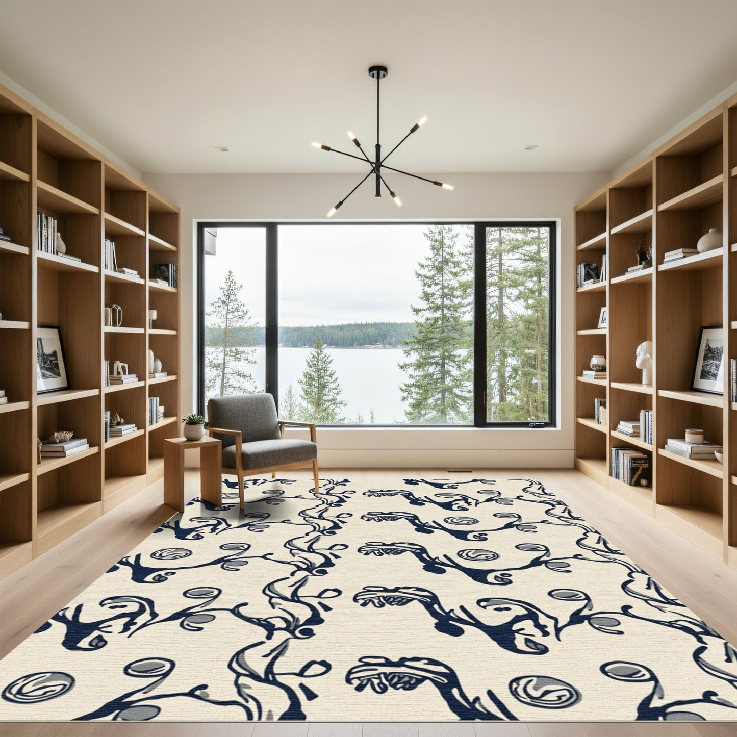 Dark Blue Swirling Branches Abstract Rug