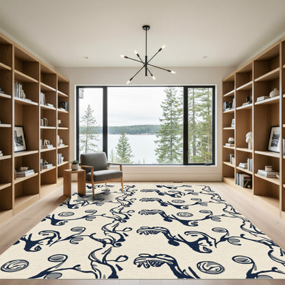 Dark Blue Swirling Branches Abstract Rug