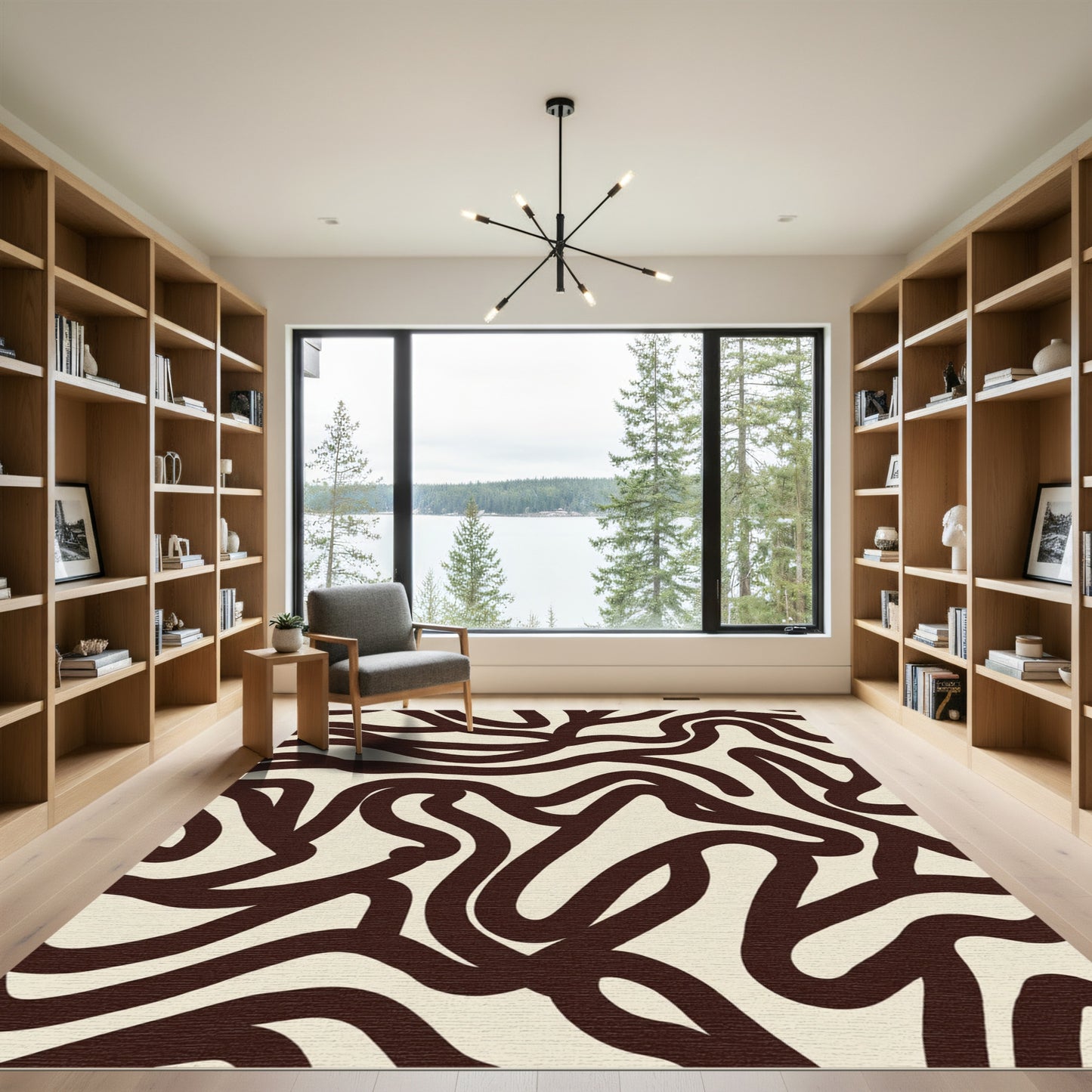 Dark Brown Abstract Wavy Lines Rug