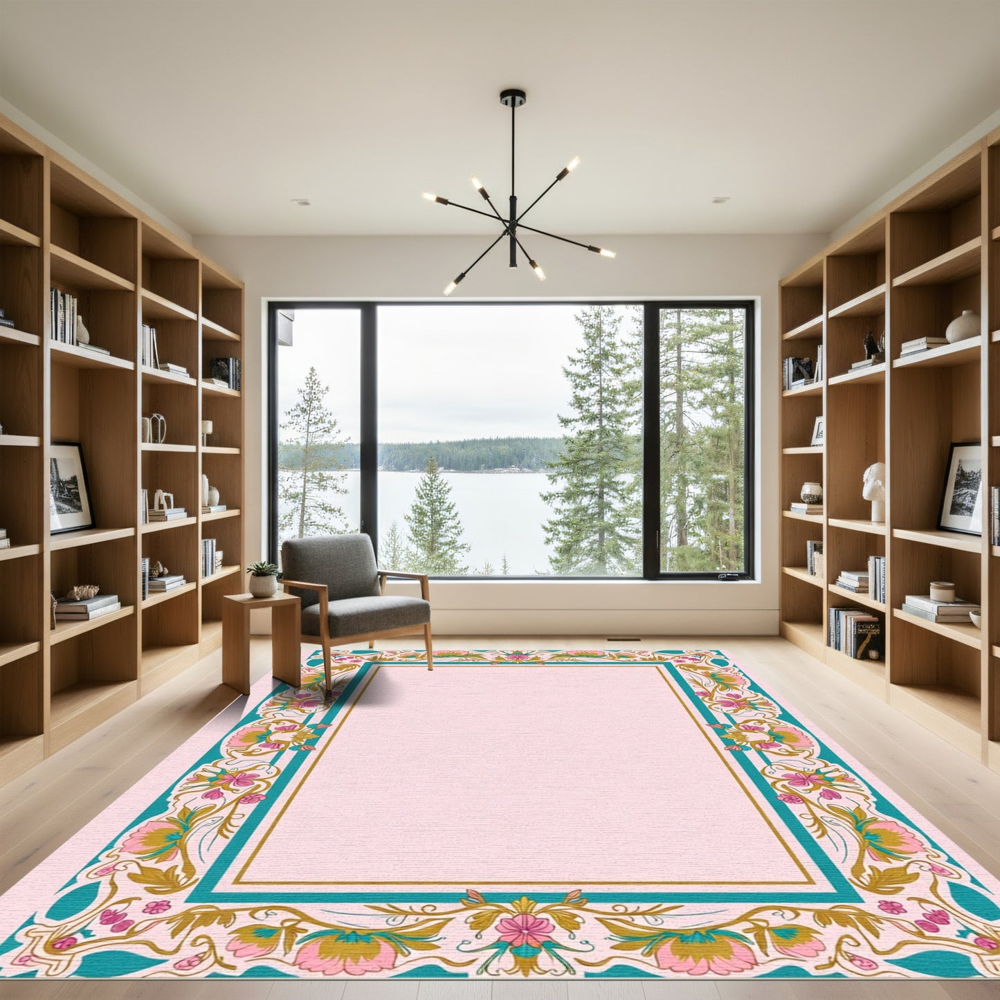 Art Nouveau Teal Floral Gold Border Rug