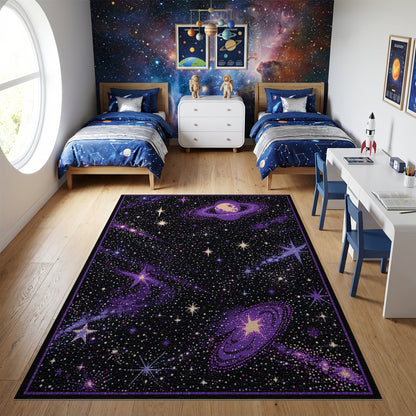 Purple Cosmic Stars Ringed Planet Rug
