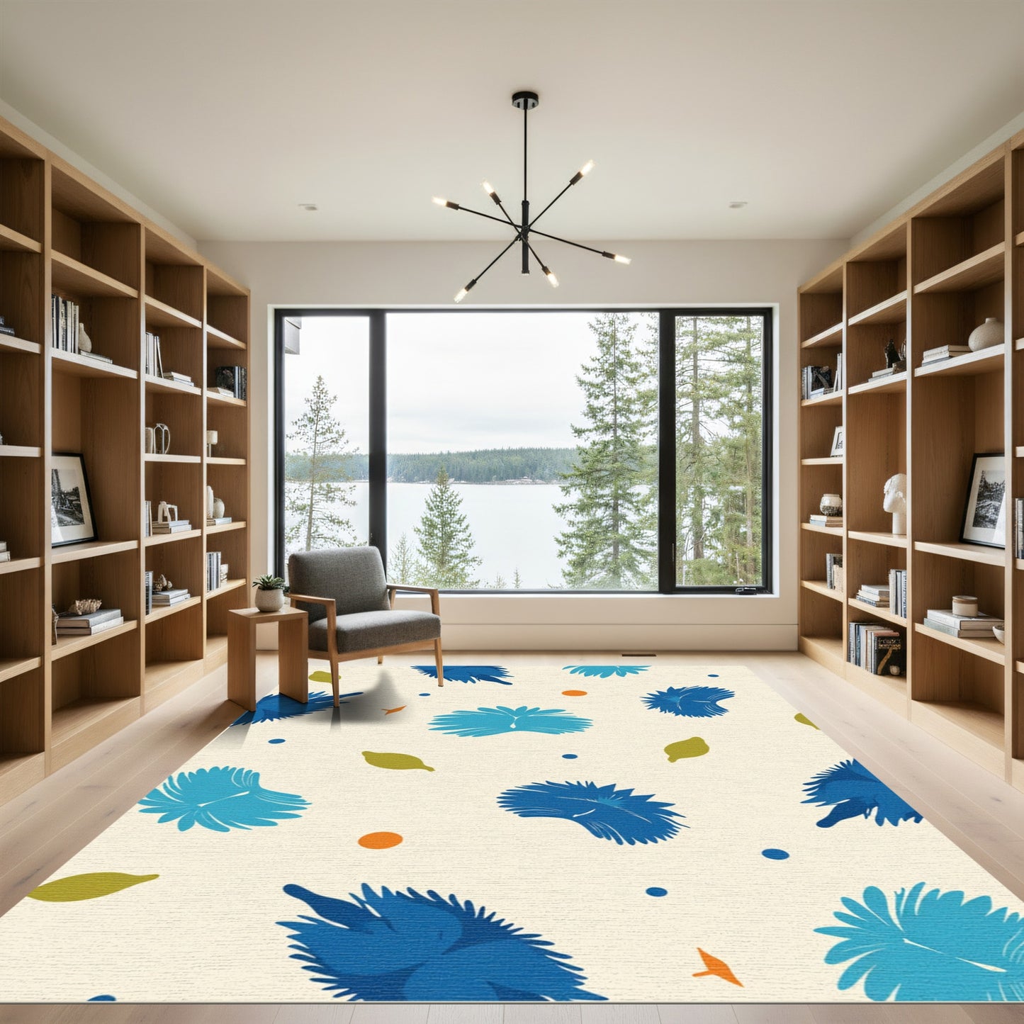 Blue Feathered Flower Abstract Round Rug